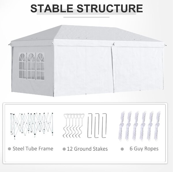 VivaGarden Gazebo da Giardino 6x3 mt Tendone per Feste Pieghevole in Acciaio/Tessuto Tende Laterali con Finestre colore Bianco