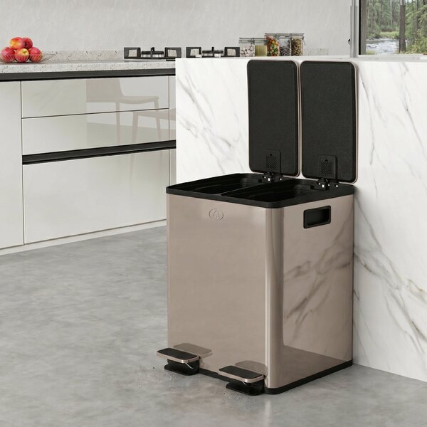 HOMCOM Pattumiera 2 Scomparti da Cucina 2 x 20 L con Chiusura Ammortizzata in Acciaio Inossidabile, 45.8x36x51.6 cm, Oro | Aosom Italy