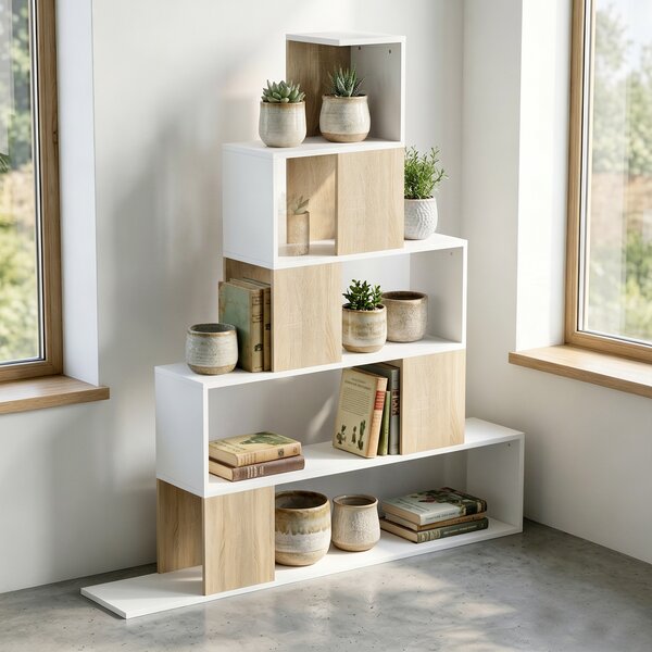HOMCOM Libreria a 5 Ripiani con Design a Gradini Bianco e Naturale | Aosom Italy