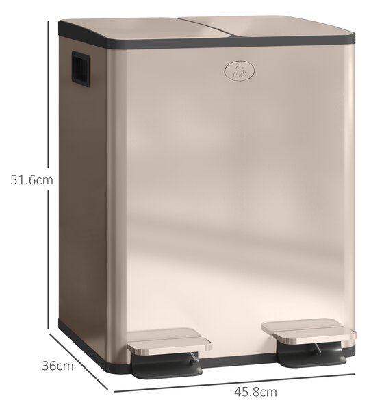 HOMCOM Pattumiera 2 Scomparti da Cucina 2 x 20 L con Chiusura Ammortizzata in Acciaio Inossidabile, 45.8x36x51.6 cm, Oro | Aosom Italy