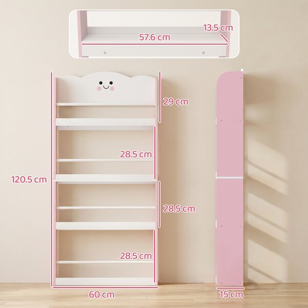 AIYAPLAY Libreria Montessoriana per Bambini 3-6 Anni con Tema Zucchero Filato, 4 Ripiani in Legno, per Cameretta, Rosa | Aosom Italy
