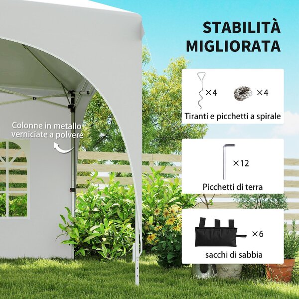 VivaGarden Gazebo da Giardino 6x3 mt Tendone per Feste Pieghevole in Metallo/Tessuto Tende Laterali con Finestre colore Bianco