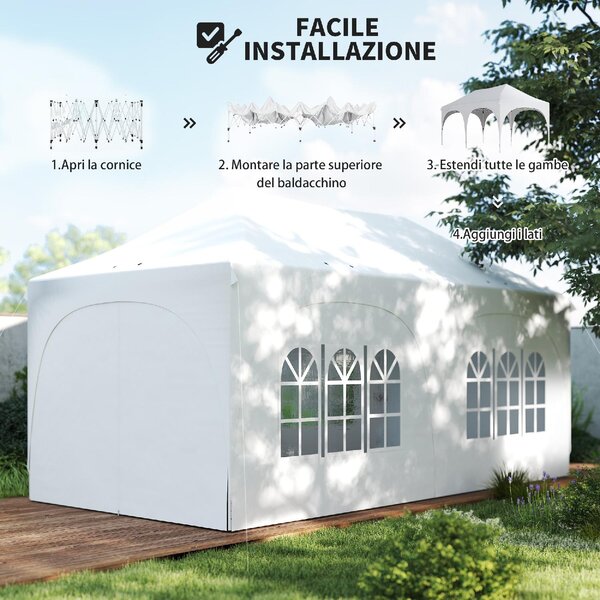 VivaGarden Gazebo da Giardino 6x3 mt Tendone per Feste Pieghevole in Metallo/Tessuto Tende Laterali con Finestre colore Bianco