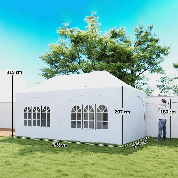 VivaGarden Gazebo da Giardino 6x3 mt Tendone per Feste Pieghevole in Metallo/Tessuto Tende Laterali con Finestre colore Bianco