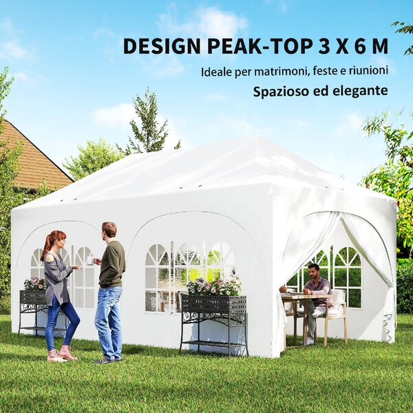 VivaGarden Gazebo da Giardino 6x3 mt Tendone per Feste Pieghevole in Metallo/Tessuto Tende Laterali con Finestre colore Bianco