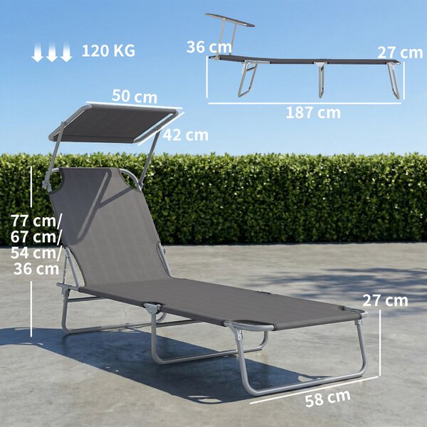 Outsunny Sdraio Pieghevole e Regolabile con Tettuccio e Schienale Regolabile, Lettino Prendisole in Tessuto, 187x58x36 cm, Grigio | Aosom Italy