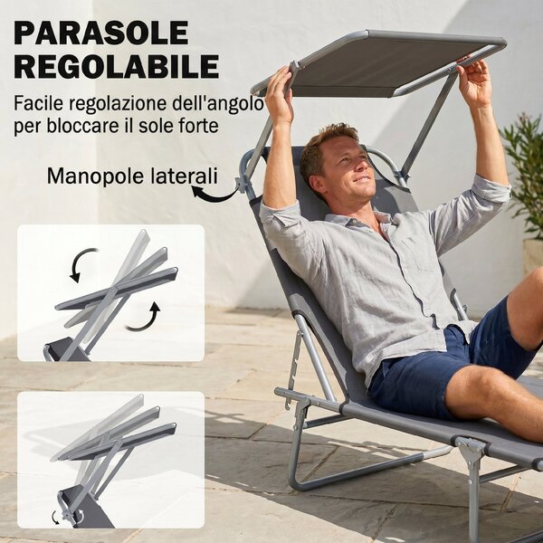 Outsunny Sdraio Pieghevole e Regolabile con Tettuccio e Schienale Regolabile, Lettino Prendisole in Tessuto, 187x58x36 cm, Grigio | Aosom Italy