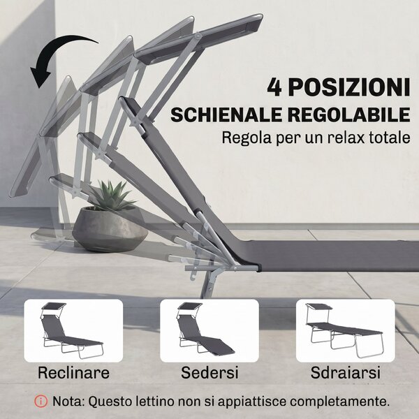 Outsunny Sdraio Pieghevole e Regolabile con Tettuccio e Schienale Regolabile, Lettino Prendisole in Tessuto, 187x58x36 cm, Grigio | Aosom Italy