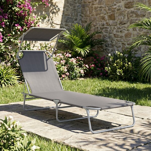 Outsunny Sdraio Pieghevole e Regolabile con Tettuccio e Schienale Regolabile, Lettino Prendisole in Tessuto, 187x58x36 cm, Grigio | Aosom Italy