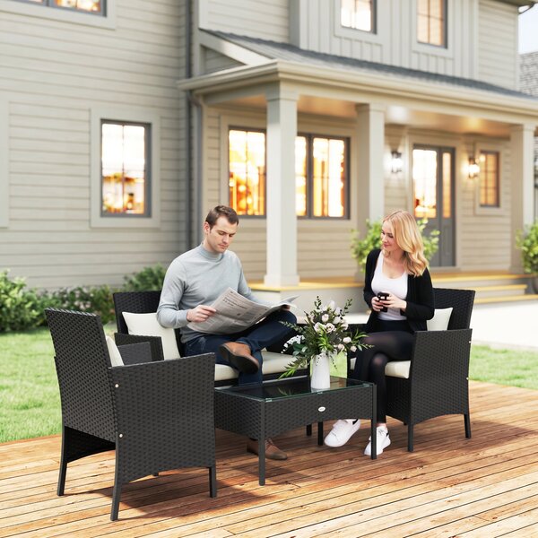 Outsunny Set da Giardino 4Pezzi in Rattan con 2 Sedie, Poltrona da Giardino a 2 Posti e Tavolino Basso|Aosom