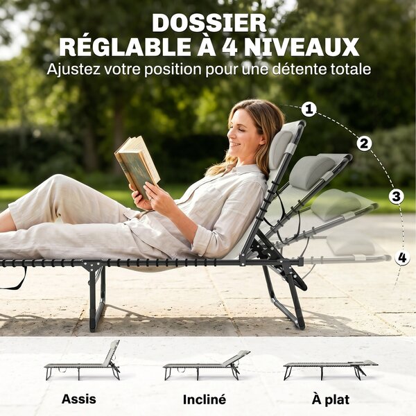 Outsunny Lettino Prendisole in Acciaio e Tessuto Traspirante con Schienale Reclinabile, 197x58x26 cm|Aosom
