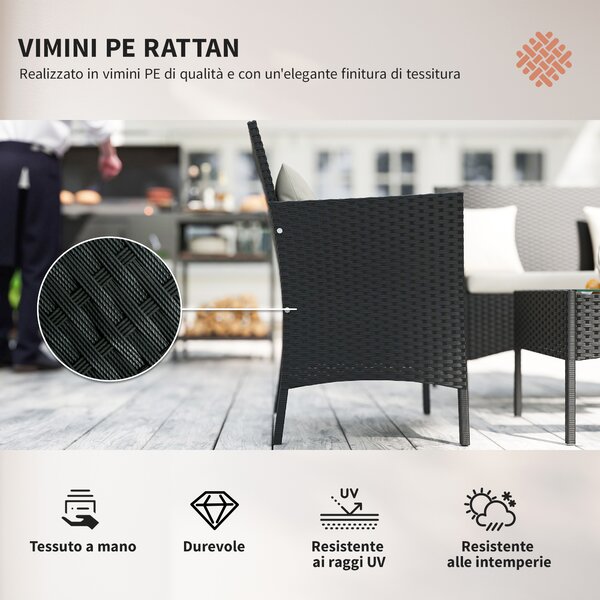 Outsunny Set da Giardino 4Pezzi in Rattan con 2 Sedie, Poltrona da Giardino a 2 Posti e Tavolino Basso|Aosom