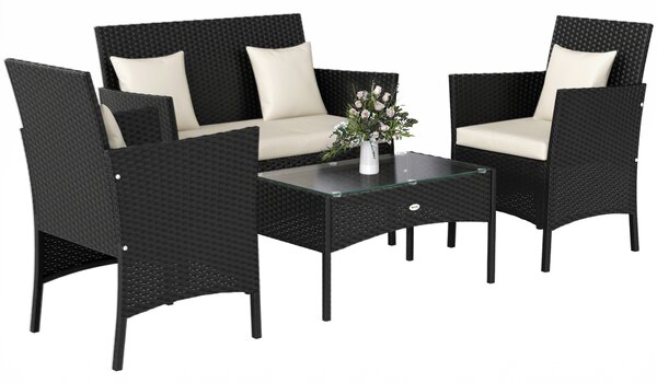 Outsunny Set da Giardino 4Pezzi in Rattan con 2 Sedie, Poltrona da Giardino a 2 Posti e Tavolino Basso|Aosom