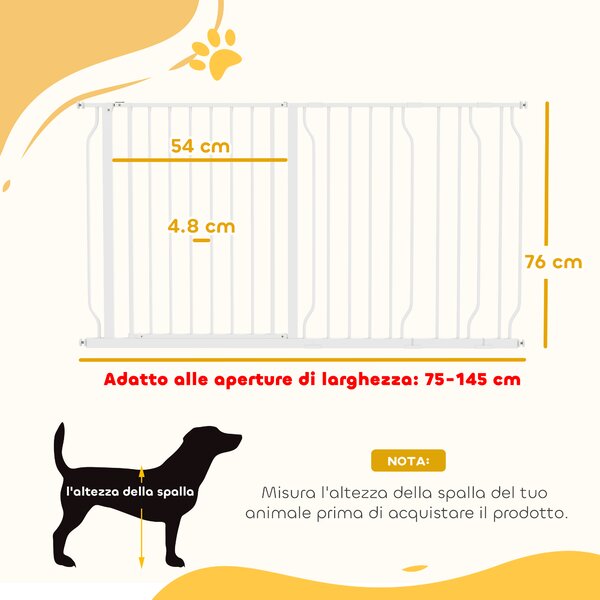 PawHut Cancelletto di Sicurezza per Cani Estensibile in Acciaio e ABS per Scale e Porte 75-145cm Facile da Installare e Regolabile Bianco|Aosom