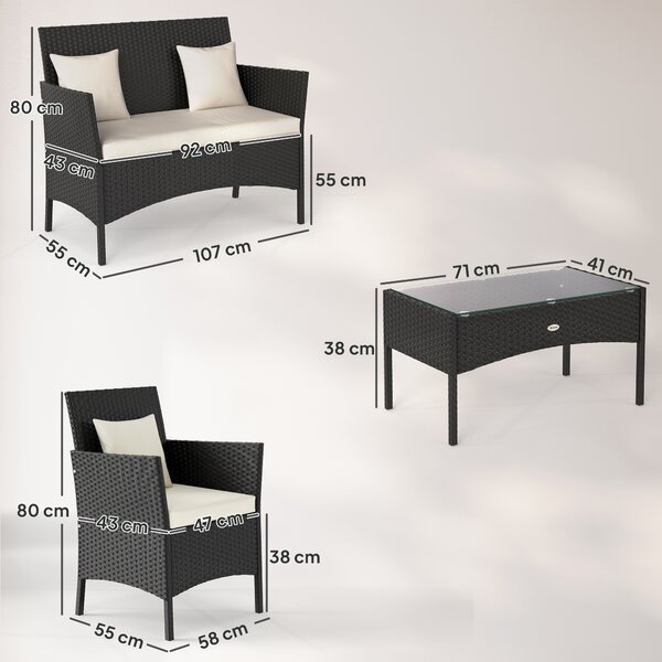 Outsunny Set da Giardino 4Pezzi in Rattan con 2 Sedie, Poltrona da Giardino a 2 Posti e Tavolino Basso|Aosom