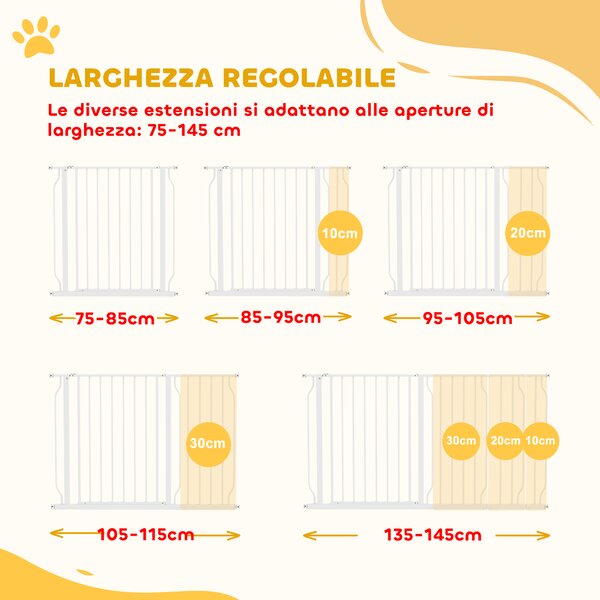 PawHut Cancelletto di Sicurezza per Cani Estensibile in Acciaio e ABS per Scale e Porte 75-145cm Facile da Installare e Regolabile Bianco|Aosom