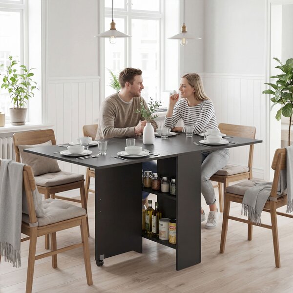 HOMCOM Tavolo Pieghevole in Legno per 4-6 Persone con Ruote, 75x140x74cm, Nero|Aosom