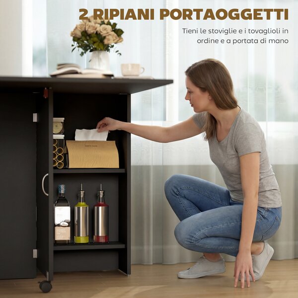 HOMCOM Tavolo Pieghevole in Legno per 4-6 Persone con Ruote, 75x140x74cm, Nero|Aosom