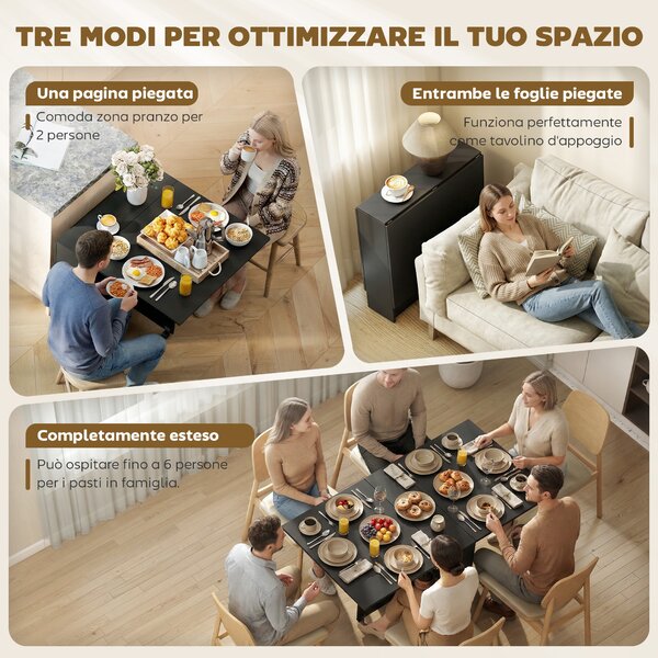 HOMCOM Tavolo Pieghevole in Legno per 4-6 Persone con Ruote, 75x140x74cm, Nero|Aosom