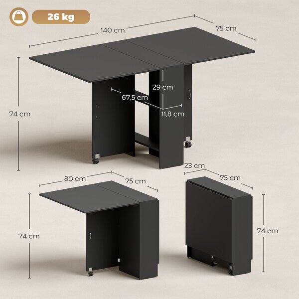 HOMCOM Tavolo Pieghevole in Legno per 4-6 Persone con Ruote, 75x140x74cm, Nero|Aosom