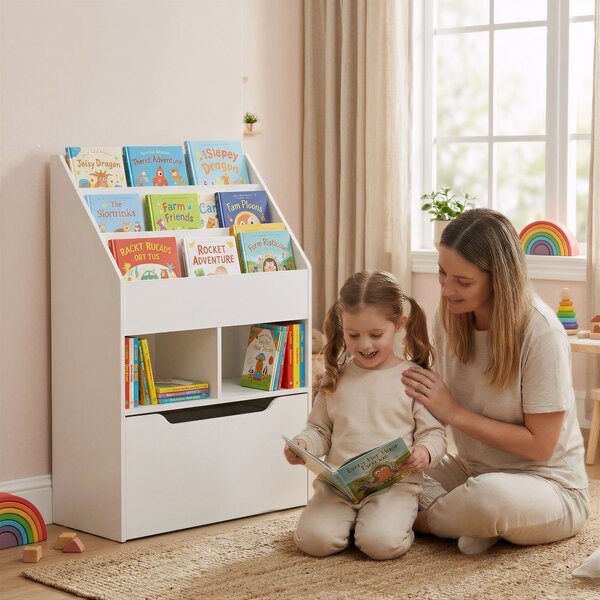 HOMCOM Piccola Libreria per Bambini con Ripiani e Cassetto in MDF, 60x29.9x90cm, Bianco|Aosom