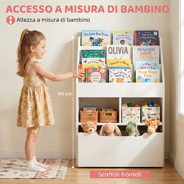HOMCOM Piccola Libreria per Bambini con Ripiani e Cassetto in MDF, 60x29.9x90cm, Bianco|Aosom