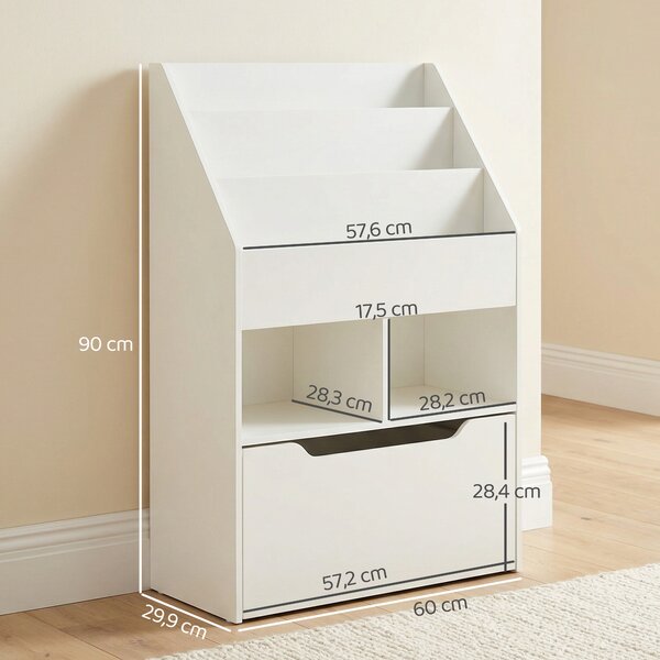 HOMCOM Piccola Libreria per Bambini con Ripiani e Cassetto in MDF, 60x29.9x90cm, Bianco|Aosom