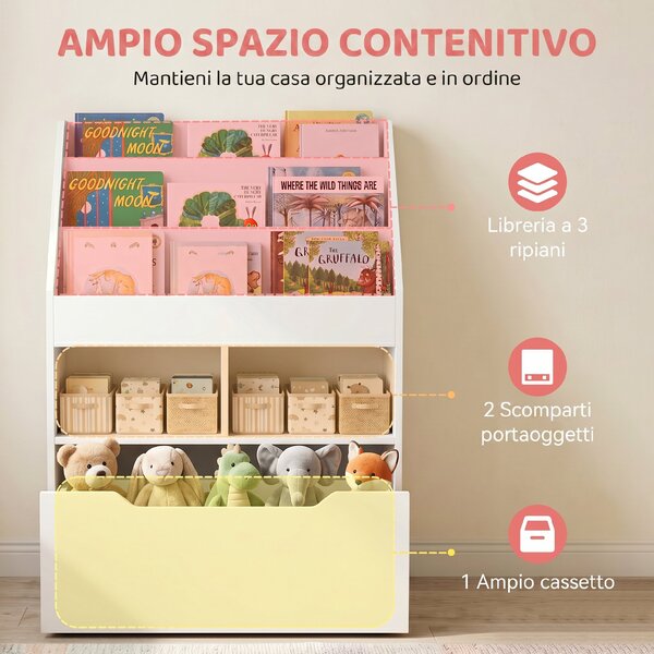 HOMCOM Piccola Libreria per Bambini con Ripiani e Cassetto in MDF, 60x29.9x90cm, Bianco|Aosom