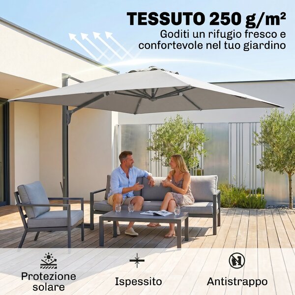 Outsunny Ombrellone a Sbalzo con Manovella e Base a Croce, in Poliestere, Alluminio e Metallo, 365x297x256 cm, Grigio Chiaro