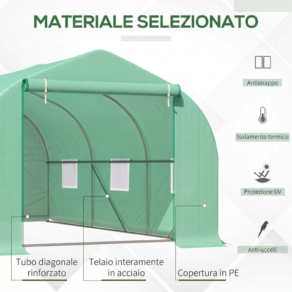 Outsunny Serra da Giardino a Tunnel con Tetto Spiovente in PE e Tubi d'Acciaio 4.5 × 3 × 2m Verde Scuro|Aosom