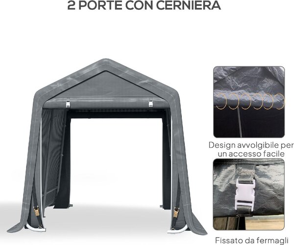 VivaGarden Gazebo da Giardino Tenda Garage Moto Bici 2,4x2 mt in Metallo/Tessuto Chiuso con Porta Avvolgibile colore Grigio Scuro