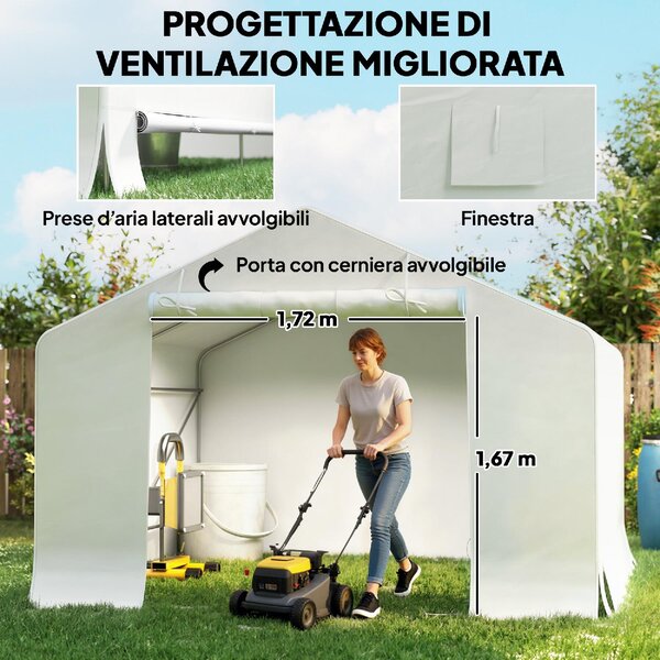 VivaGarden Gazebo da Giardino Tenda Garage Moto Bici 3x3 mt in Metallo/Tessuto Chiuso con Porta Avvolgibile colore Bianco