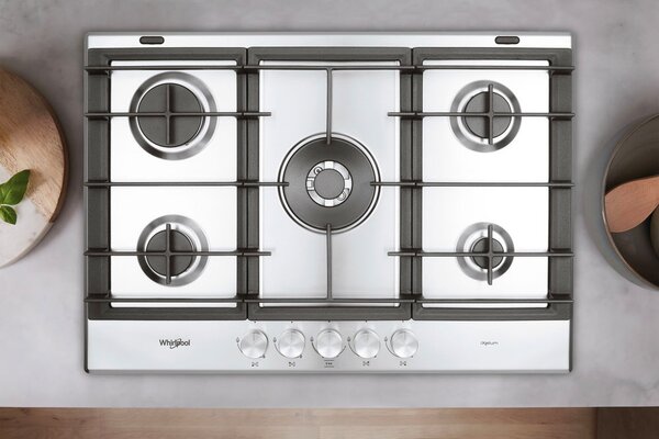 Whirlpool GMR 7522/IXL Piano Cottura 5 Fuochi a Gas 75 cm Griglie in Ghisa (1 Bruciatore Doppia Corona) colore Inox
