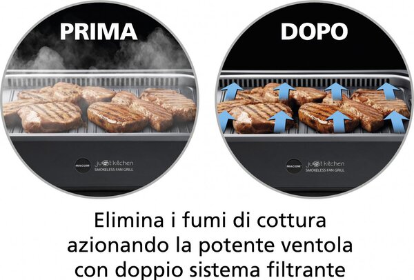 MACOM Griglia Elettrica di Contatto Grill con Aspirazione d'Aria Combinata Potenza 1500 Watt colore Nero - 849 Smokeless Fan Grill Just Kitchen
