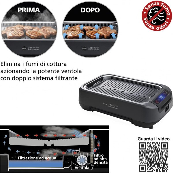 MACOM Griglia Elettrica di Contatto Grill con Aspirazione d'Aria Combinata Potenza 1500 Watt colore Nero - 849 Smokeless Fan Grill Just Kitchen