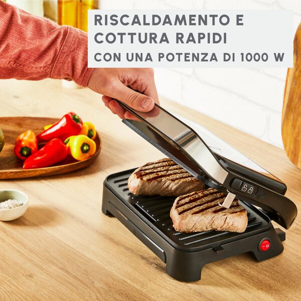 Moulinex Griglia Elettrica Grill Potenza 1000W con Piastre Antiaderenti e Vassoio Raccogligocce colore Nero/Inox Inicio Compact - GI270D10