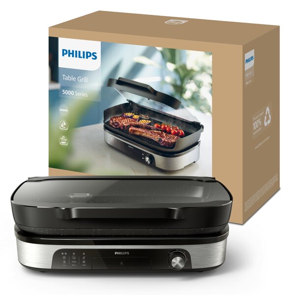 Philips Griglia Elettrica Potenza 2400 Watt con Piastre Antiaderenti e Termostato Regolabile colore Nero e Acciaio Inox - HD6212/90