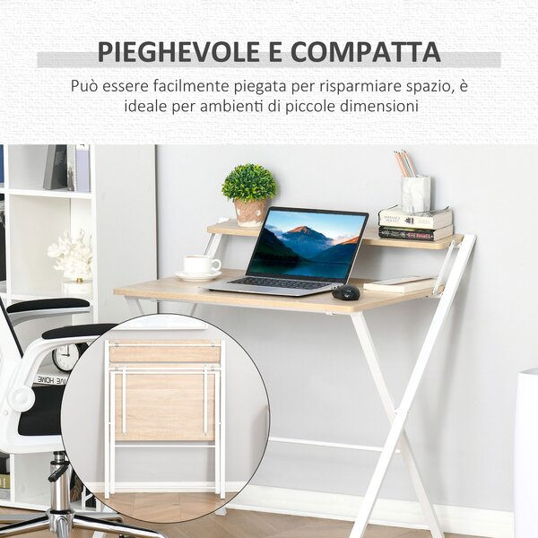 HOMCOM Scrivania Pieghevole Salvaspazio con Mensola Superiore per Camera e Ufficio, 81.5x70x84cm, Color Legno e Bianco|Aosom