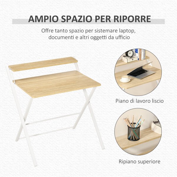 HOMCOM Scrivania Pieghevole Salvaspazio con Mensola Superiore per Camera e Ufficio, 81.5x70x84cm, Color Legno e Bianco|Aosom