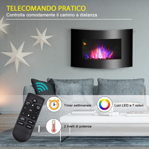 HOMCOM Camino Elettrico da Parete con Effetto Fiamma Colorato e Telecomando, in Acciaio Inox e Vetro, 65x11.4x52cm, Nero | Aosom Italy