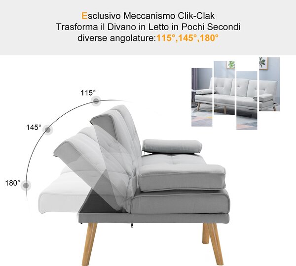 HOMCOM Divano Letto Clic Clac a 3 Posti con 2 Braccioli Staccabili e Imbottitura spessa, Tavolino a Ribalta con Portabicchieri, Grigio | Aosom Italy