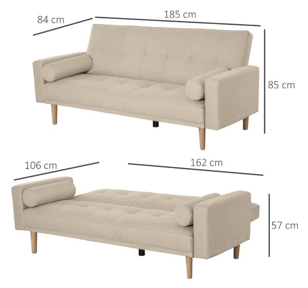 HOMCOM 2-IN-1 Divano letto imbottito 3 posti 3 levelli schienale regolabile telaio in legno con 2 cuscini cilindrici, beige | Aosom Italy