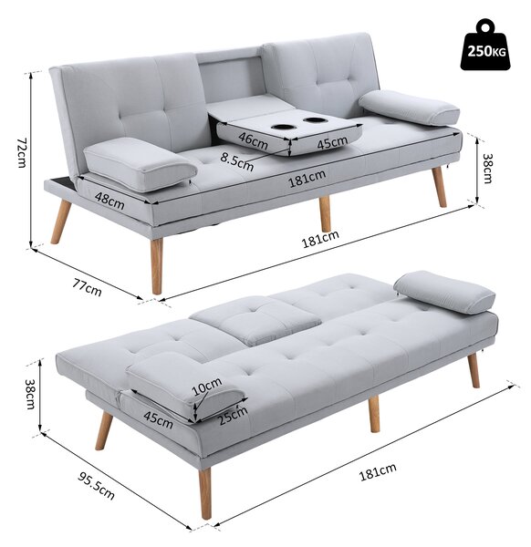 HOMCOM Divano Letto Clic Clac a 3 Posti con 2 Braccioli Staccabili e Imbottitura spessa, Tavolino a Ribalta con Portabicchieri, Grigio | Aosom Italy