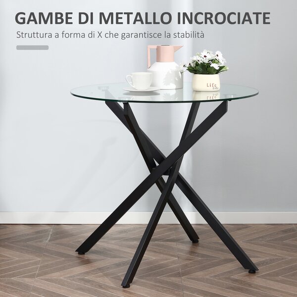 HOMCOM Tavolo Rotondo in Vetro e Gambe Incrociate in Metallo, Tavolino Moderno per Soggiorno e Studio, 80x80x75cm, Nero|Aosom