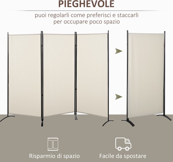 HOMCOM Paravento Separé da Interno a 3 Pannelli Pieghevole in Metallo e Poliestere, 253x50x182cm, Beige