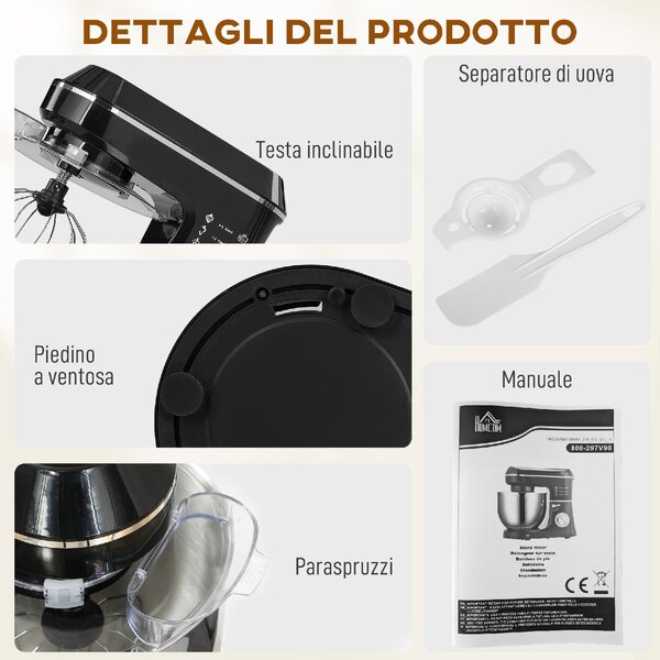 DecHome Impastatrice Planetaria Capacit Ciotola 7L Potenza 1400W Multifunzione con 6 Velocit, Gancio Impastatore, Frusta e Sbattitore colore Nero