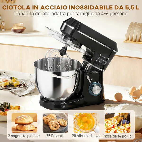 DecHome Impastatrice Planetaria Capacit Ciotola 7L Potenza 1400W Multifunzione con 6 Velocit, Gancio Impastatore, Frusta e Sbattitore colore Nero