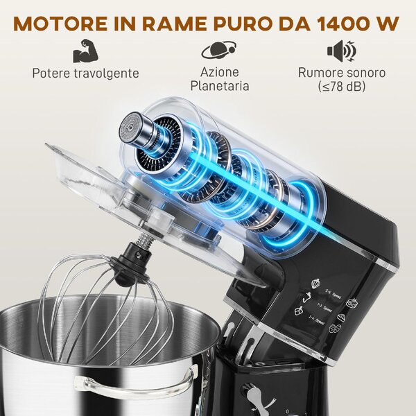 DecHome Impastatrice Planetaria Capacit Ciotola 7L Potenza 1400W Multifunzione con 6 Velocit, Gancio Impastatore, Frusta e Sbattitore colore Nero