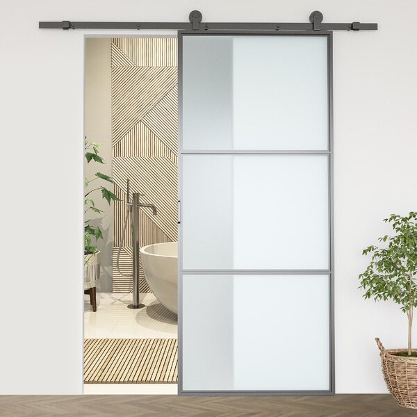 Brugel Kit Porta Scorrevole in Acciaio con Binari, Fermi e Guide, 200x40x0.6 cm, colore Nero - L4470BK