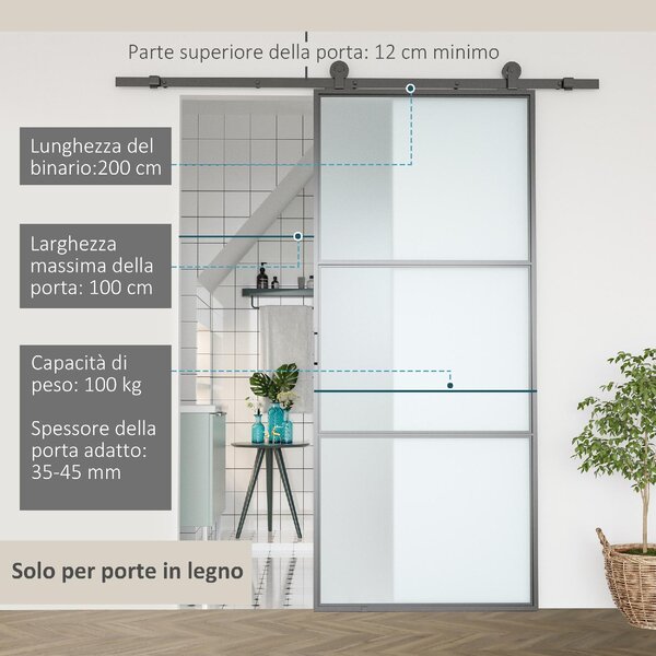 Brugel Kit Porta Scorrevole in Acciaio con Binari, Fermi e Guide, 200x40x0.6 cm, colore Nero - L4470BK